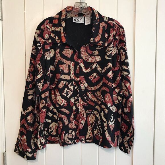 K-E-R-E-N Hart Collared Jacket Abstract Designed Raw Edge Appliqued Size LARGE - Picture 2 of 7